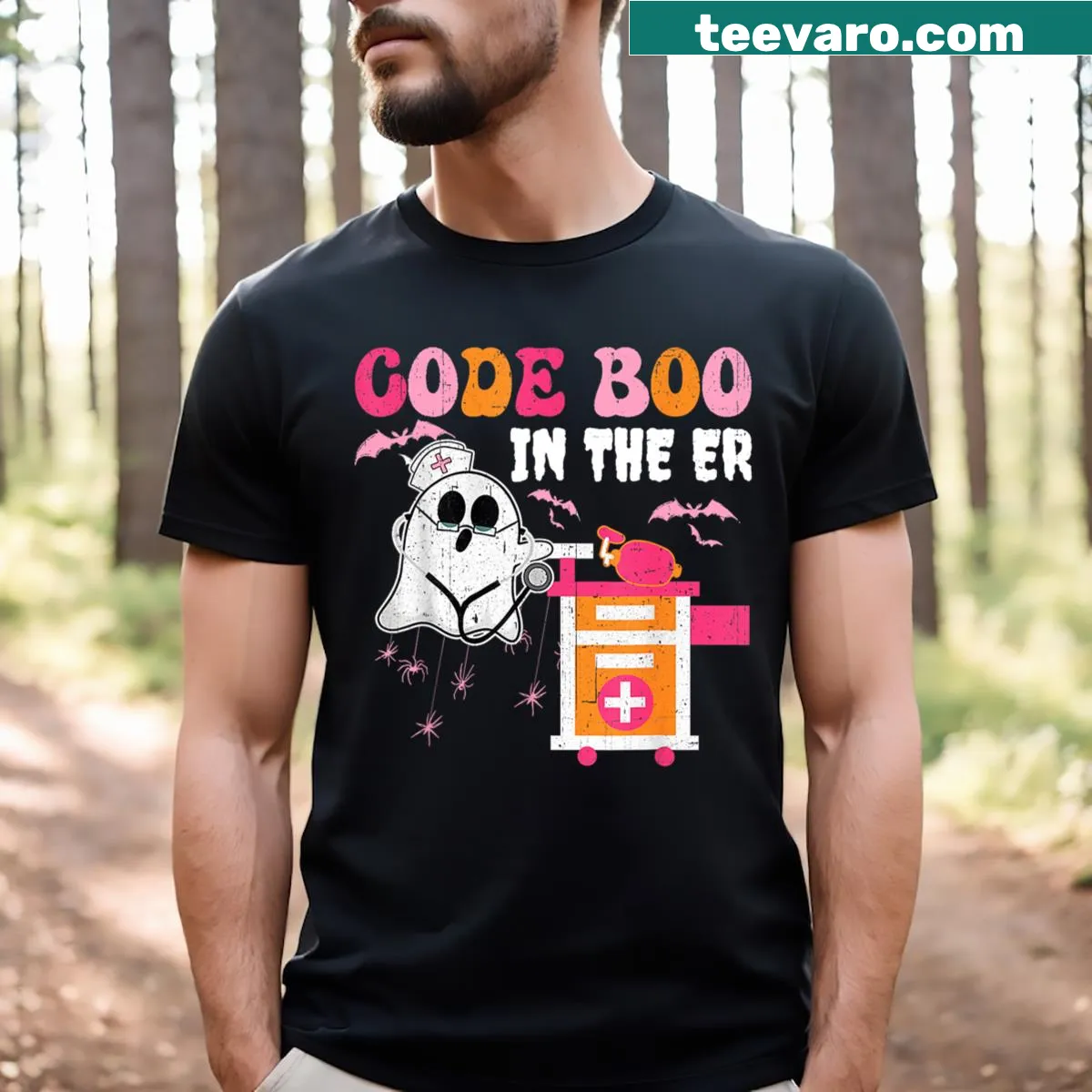 Halloween-themed T-shirt for nurses featuring ghost graphics — on a men's t-shirt