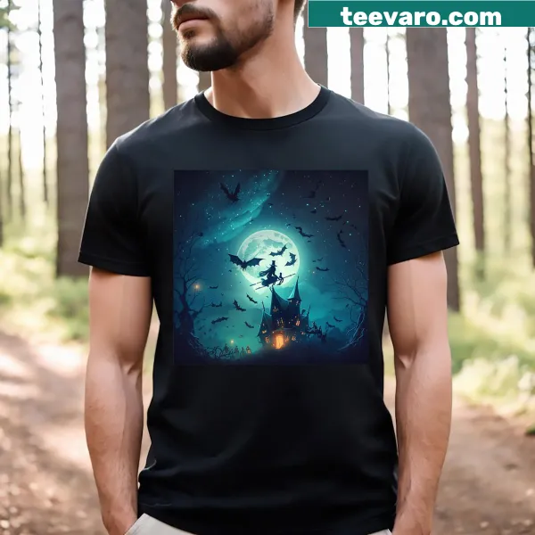 Cute Halloween T-shirt with witches, bats, and cemeteries cartoons