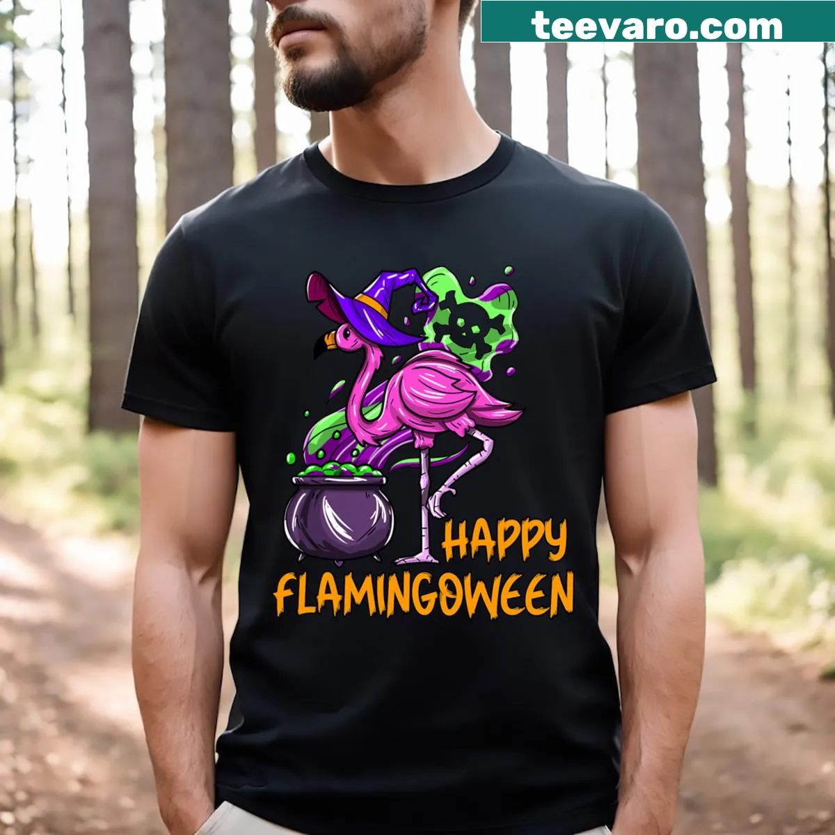 T-shirt with a flamingo dressed as a witch for Halloween — on a men's t-shirt