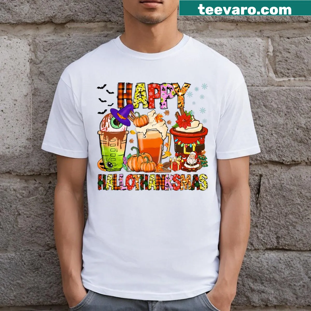 Festively illustrated t-shirt combining Halloween, Thanksgiving, and Christmas themes — on a men's t-shirt