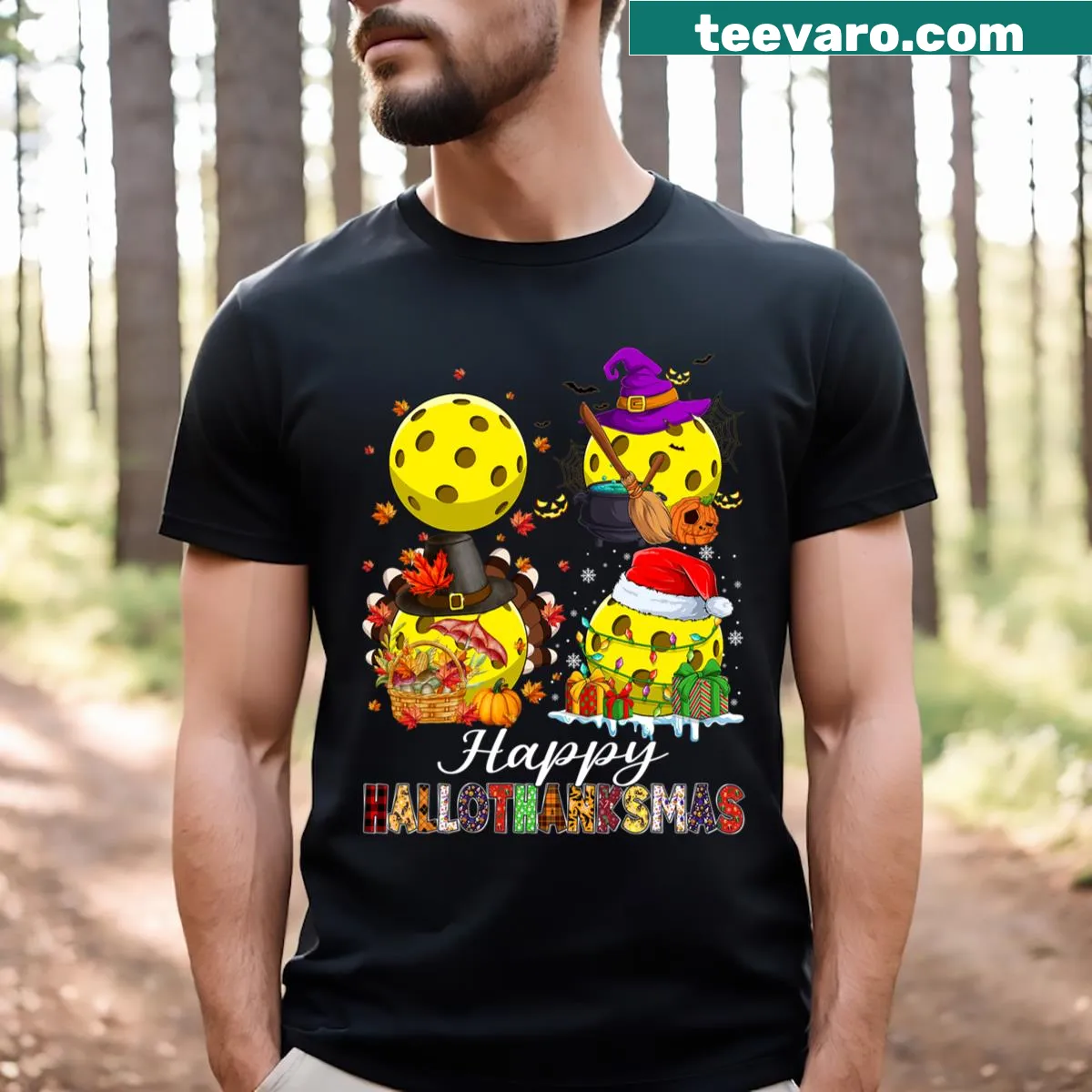 Festive T-shirt celebrating Halloween, Thanksgiving, and Christmas — on a men's t-shirt