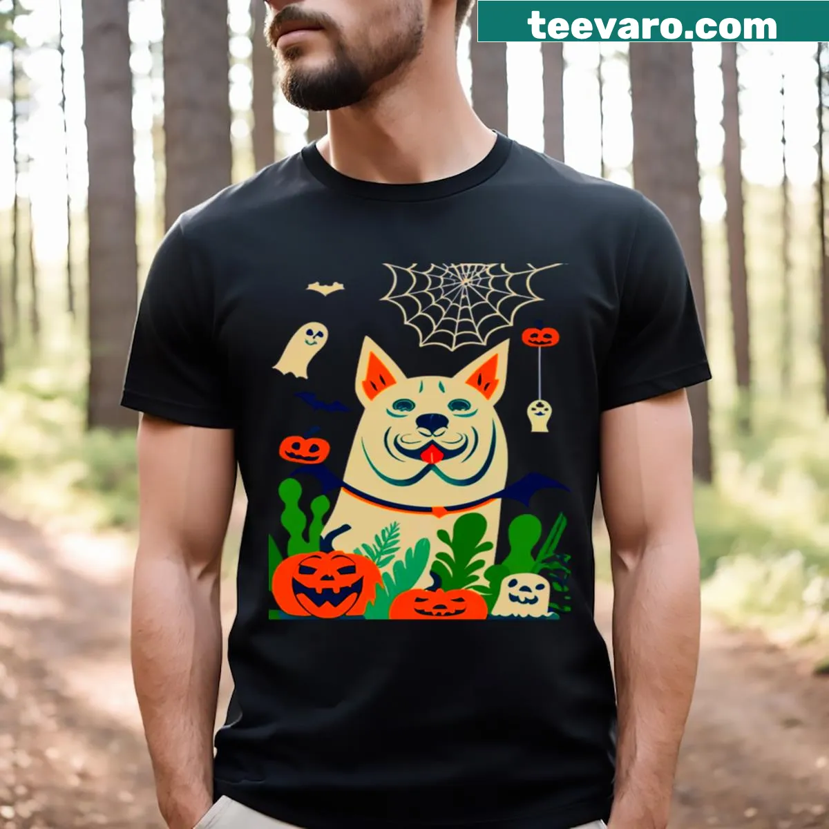 Funny Halloween T-shirt with dogs, ghosts, pumpkins, and bats — on a men's t-shirt