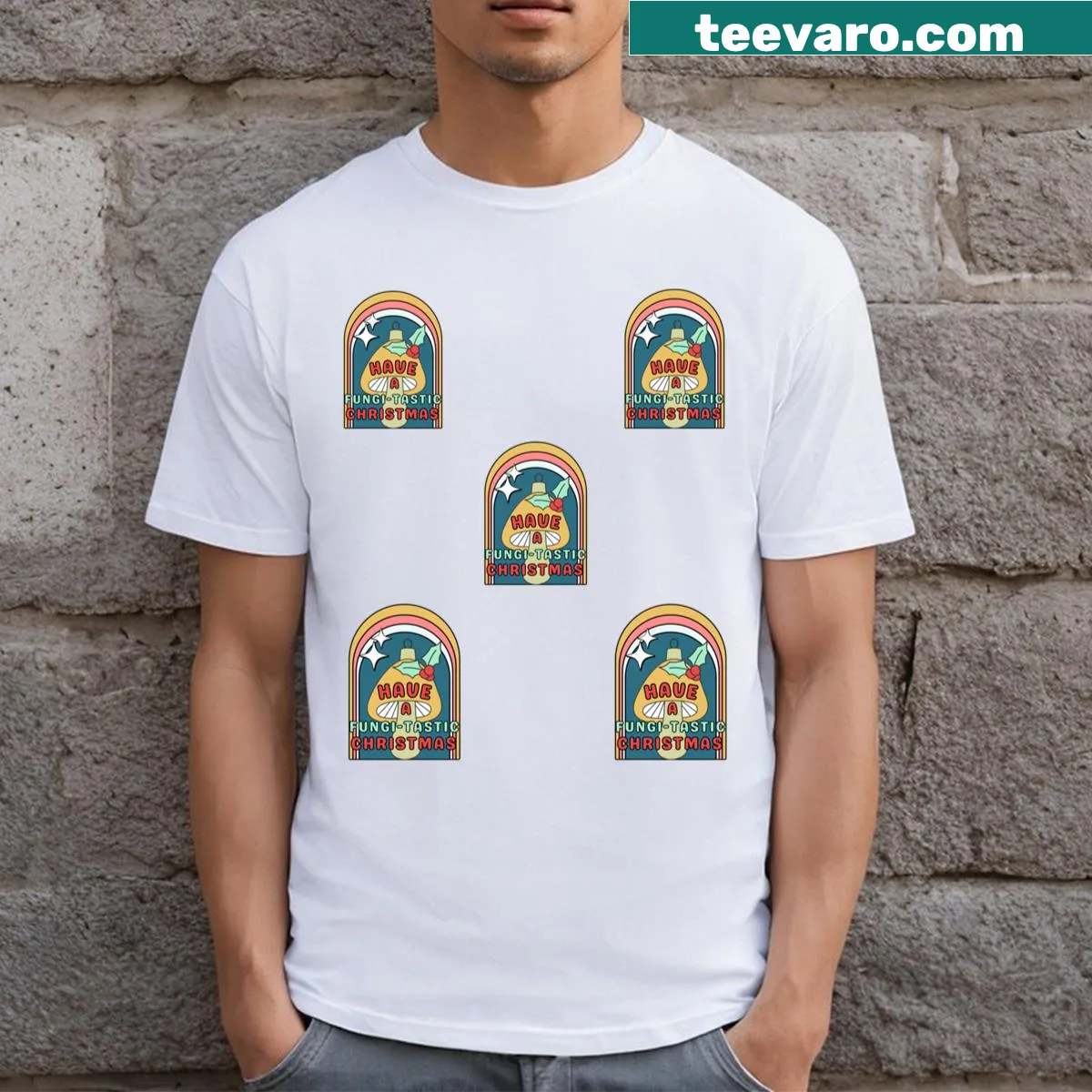 Cute Christmas T-shirt featuring charming mushrooms design — on a men's t-shirt