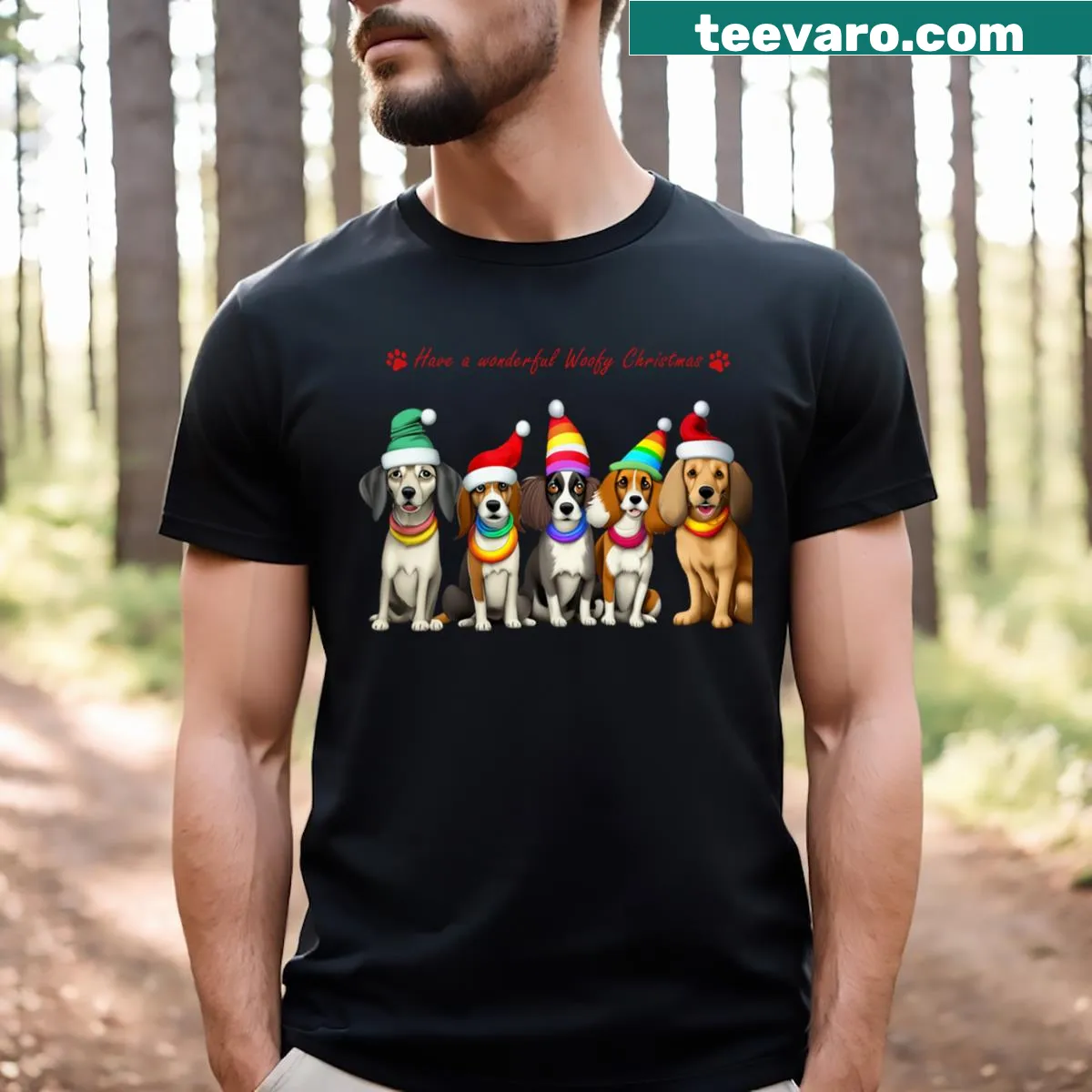 Charming Christmas t-shirt featuring festive dogs in holiday attire — on a men's t-shirt
