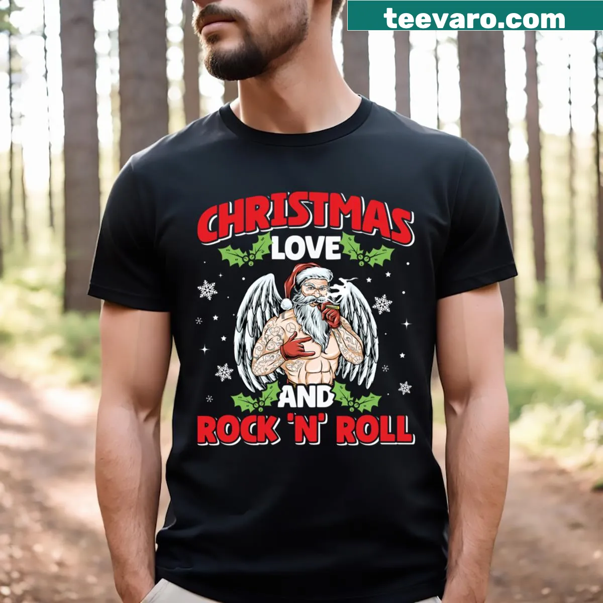 Heavy metal Santa rock n roll T-shirt for Christmas — on a men's t-shirt