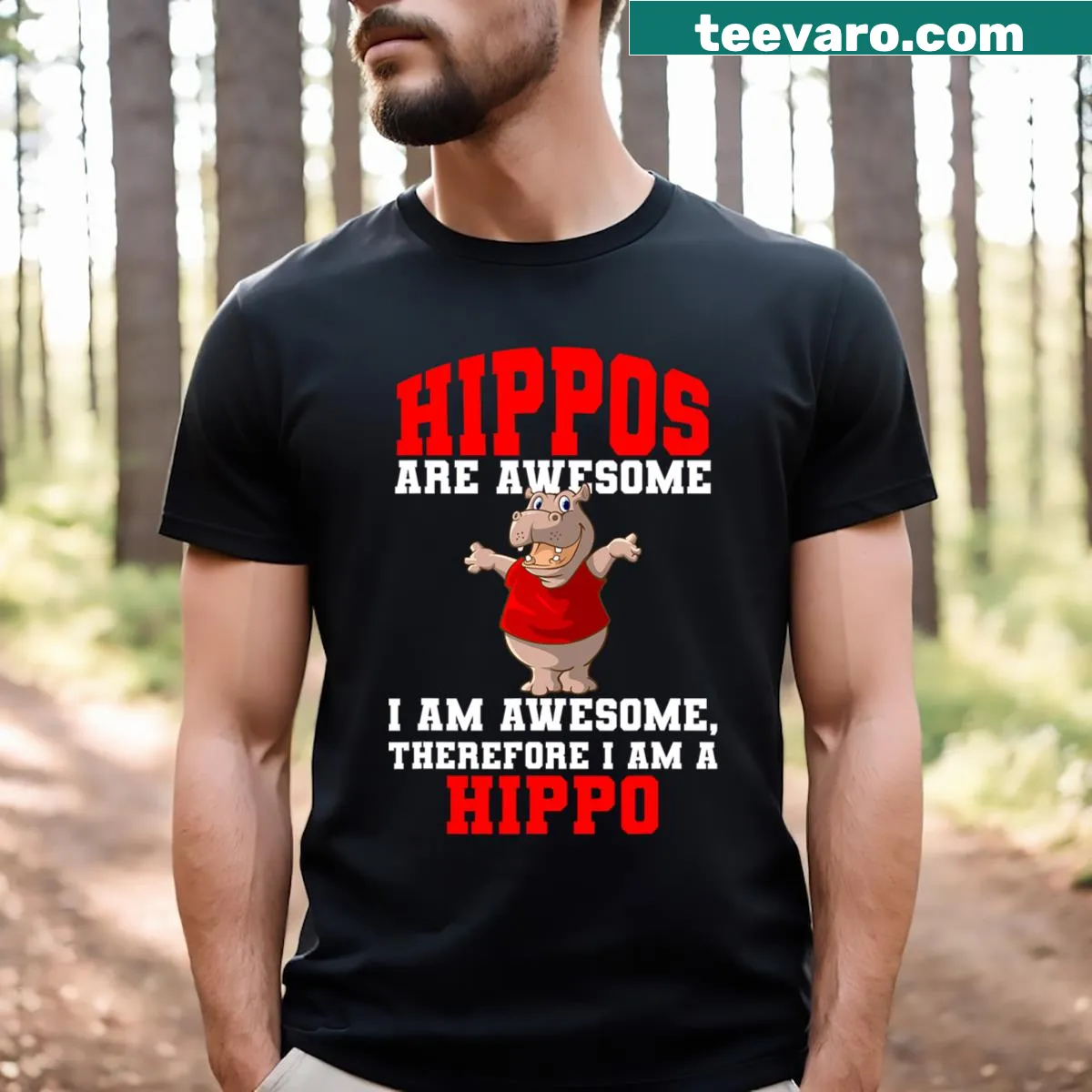 Playful T-shirt featuring a whimsical hippo illustration and text — on a men's t-shirt