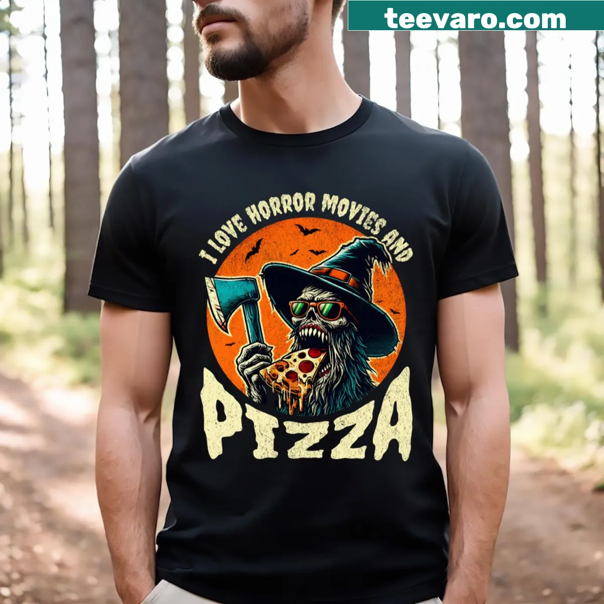 Funny Halloween tee featuring Pizzazombie theme and horror movie text — on a men's t-shirt