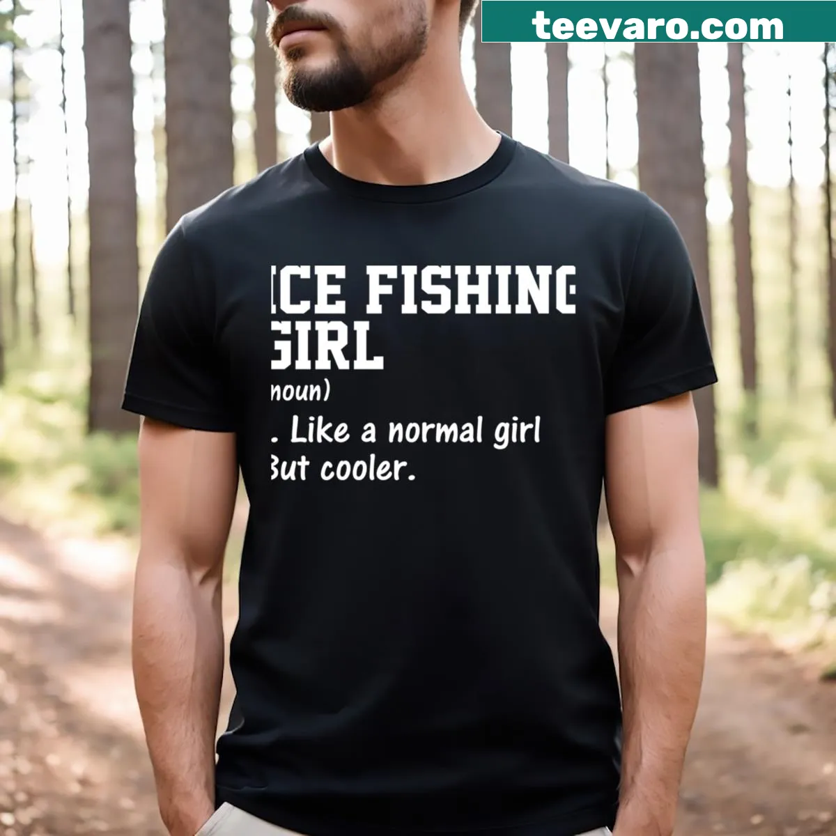 Funny t-shirt with ice fishing girl definition — on a men's t-shirt