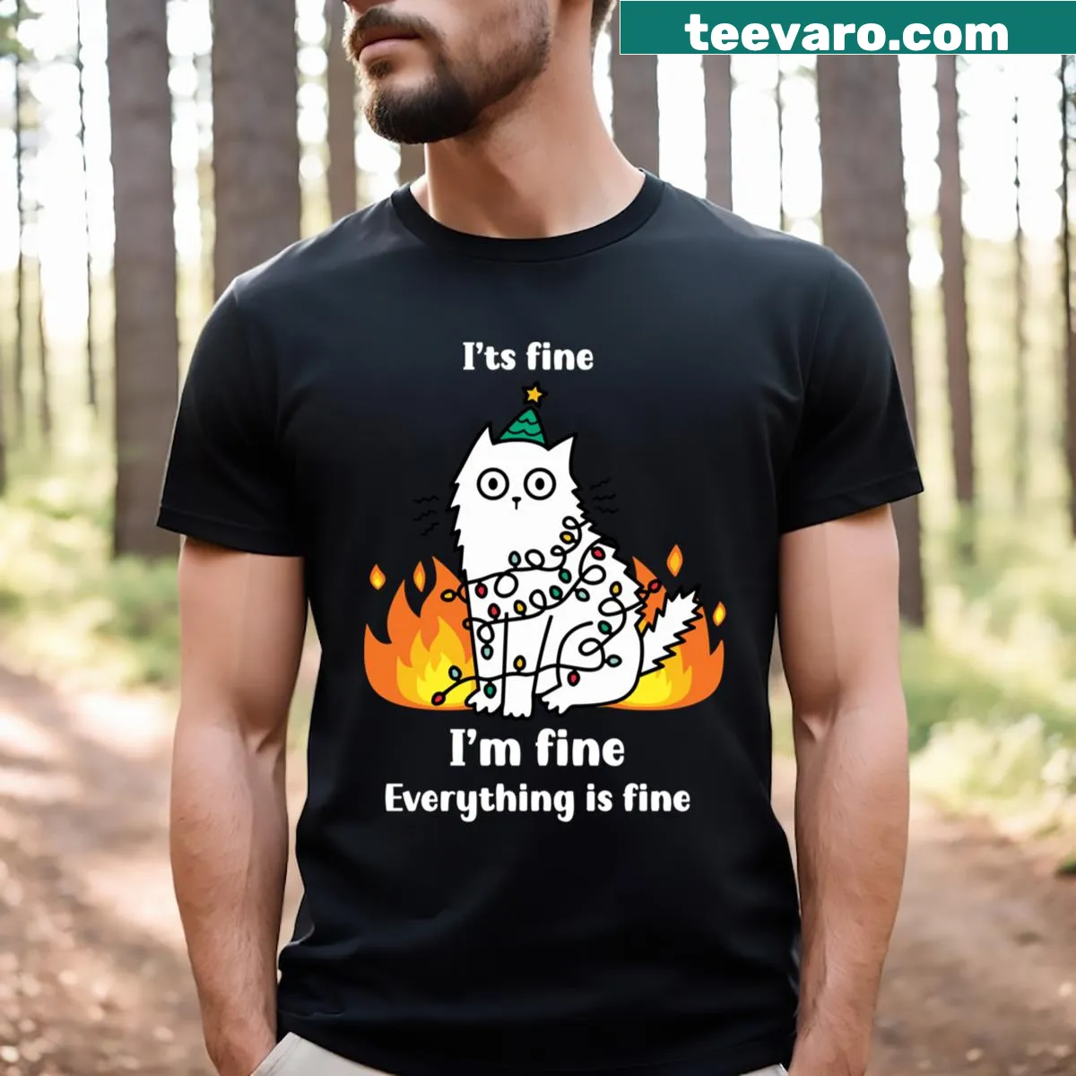 Funny Christmas cat saying t-shirt with humorous text and illustration — on a men's t-shirt