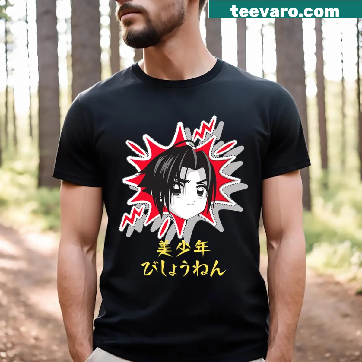 Manga-inspired t-shirt featuring cartoon characters in a vibrant design — on a men's t-shirt