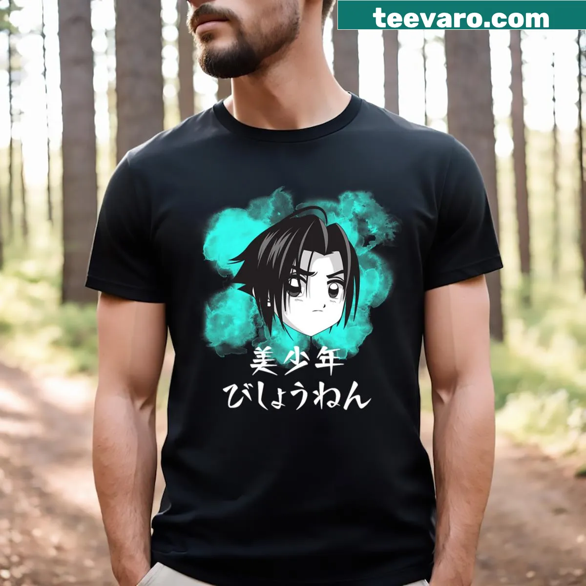 Manga cartoon t-shirt featuring a young man in a dynamic illustration — on a men's t-shirt