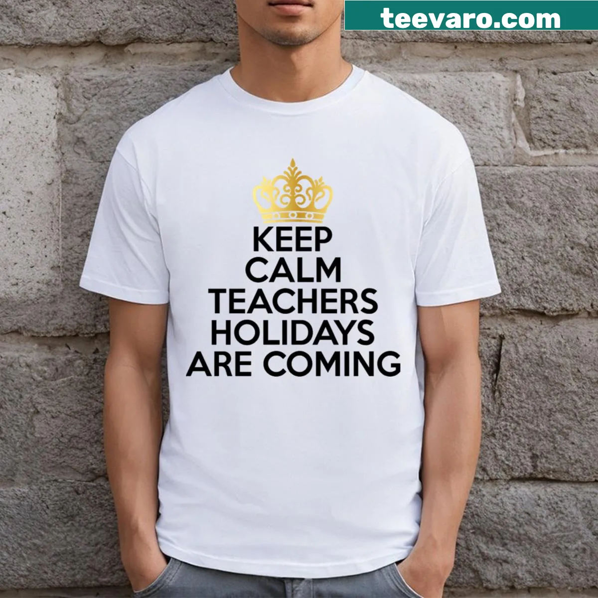 Festive T-shirt with 'Keep Calm Teachers' text design — on a men's t-shirt