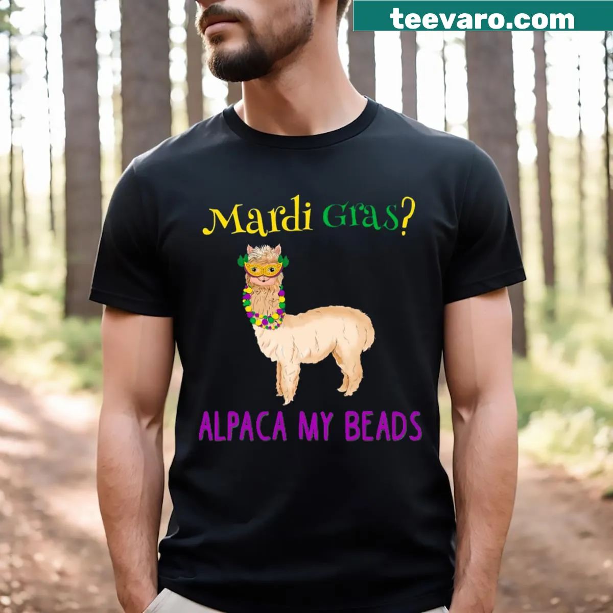 Funny Mardi Gras t-shirt with whimsical llama illustration — on a men's t-shirt