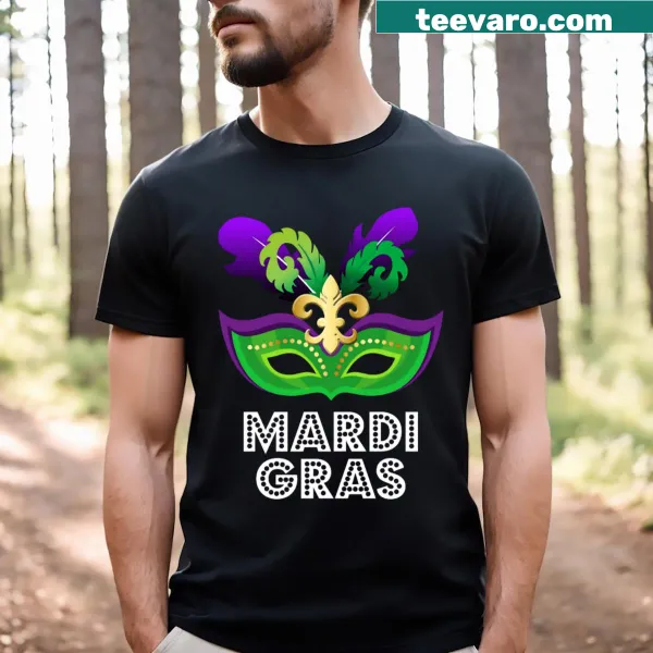 Mardi Gras T-shirt featuring a colorful party mask graphic