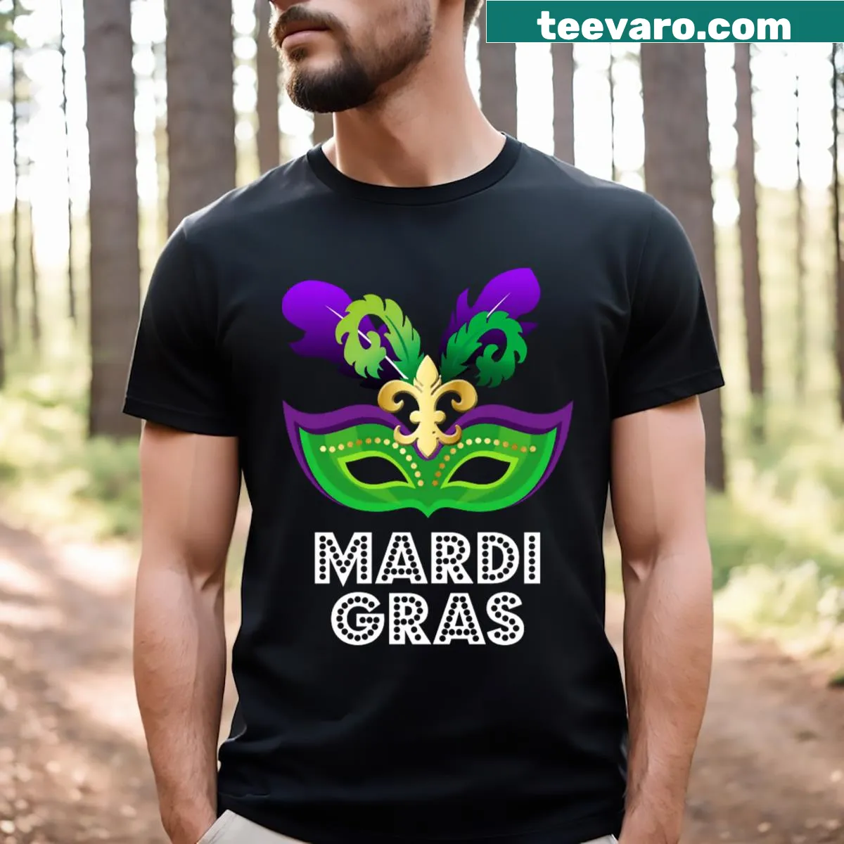 Mardi Gras T-shirt featuring a colorful party mask graphic — on a men's t-shirt