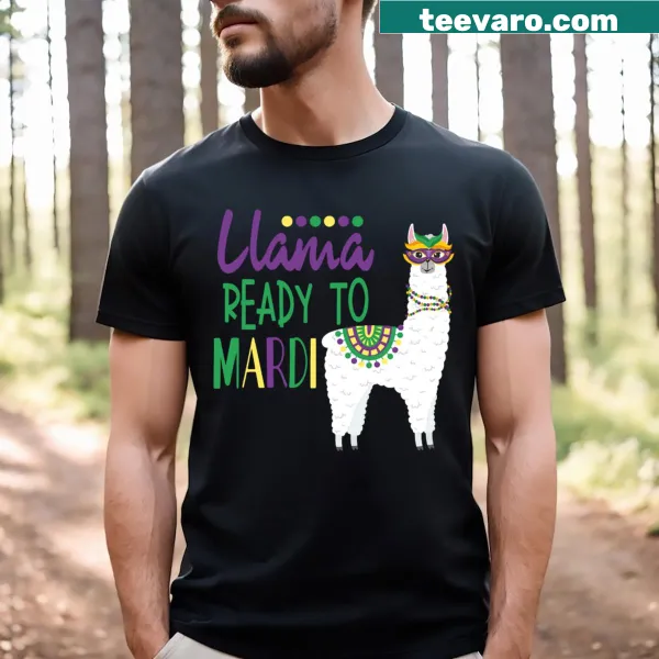 Illustration of a festive llama in Mardi Gras attire on a t-shirt