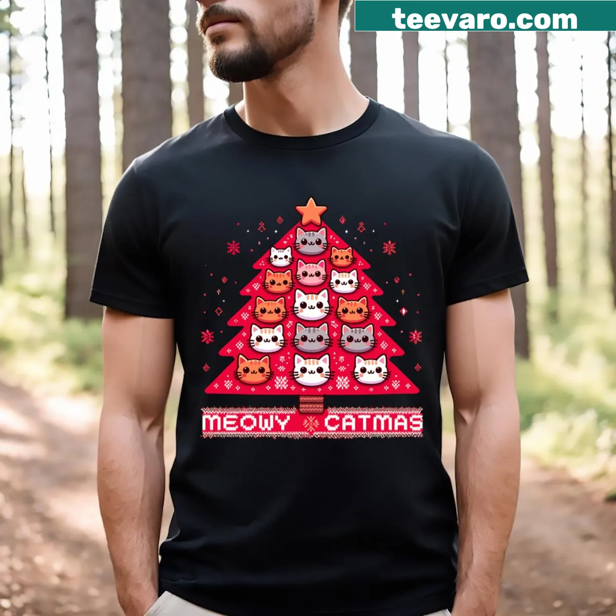 Cartoon design of kawaii cats with 'Meowy Catmas' text on a T-shirt — on a men's t-shirt