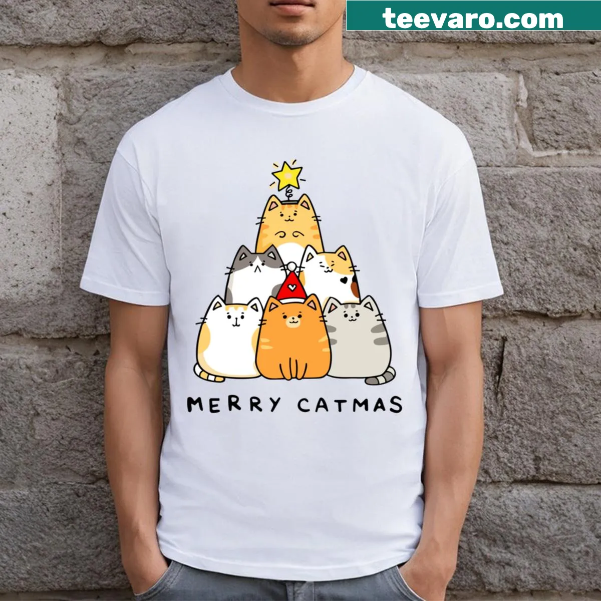 Funny Christmas Cat Tree design with playful text — on a men's t-shirt