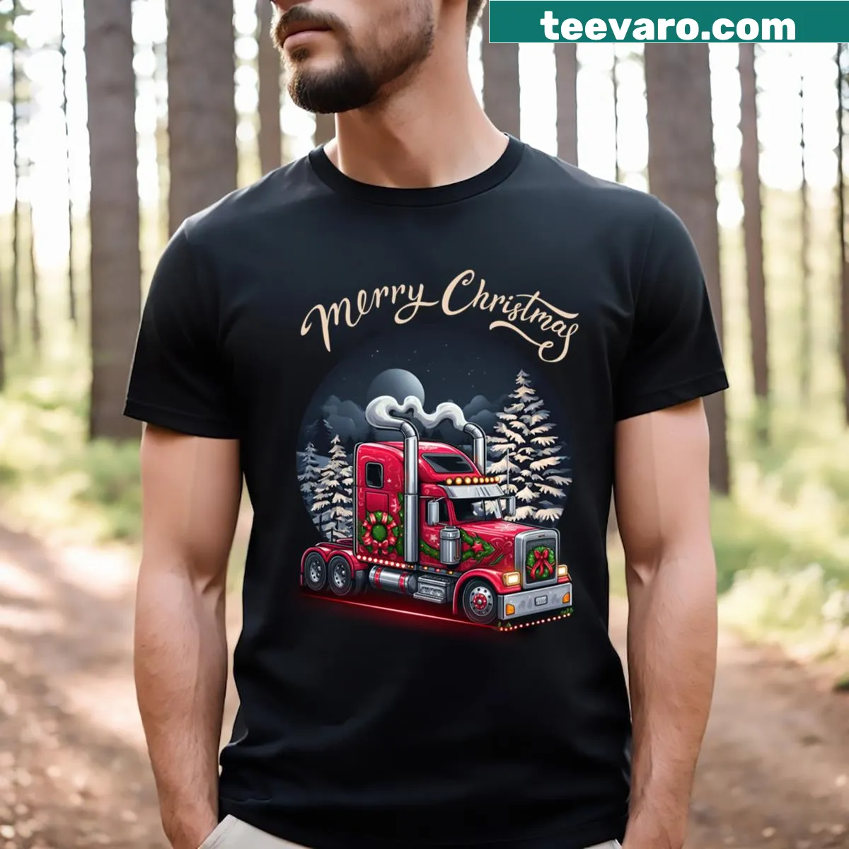 Trucker T-shirt featuring a festive 'Merry Christmas' graphic — on a men's t-shirt