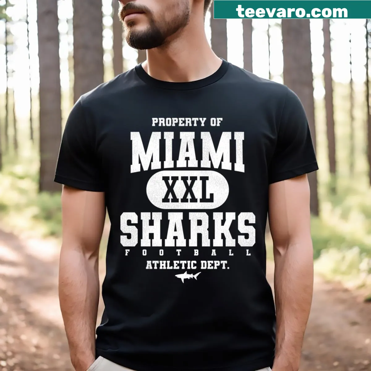Miami Sharks Football t-shirt with distressed team logo — on a men's t-shirt