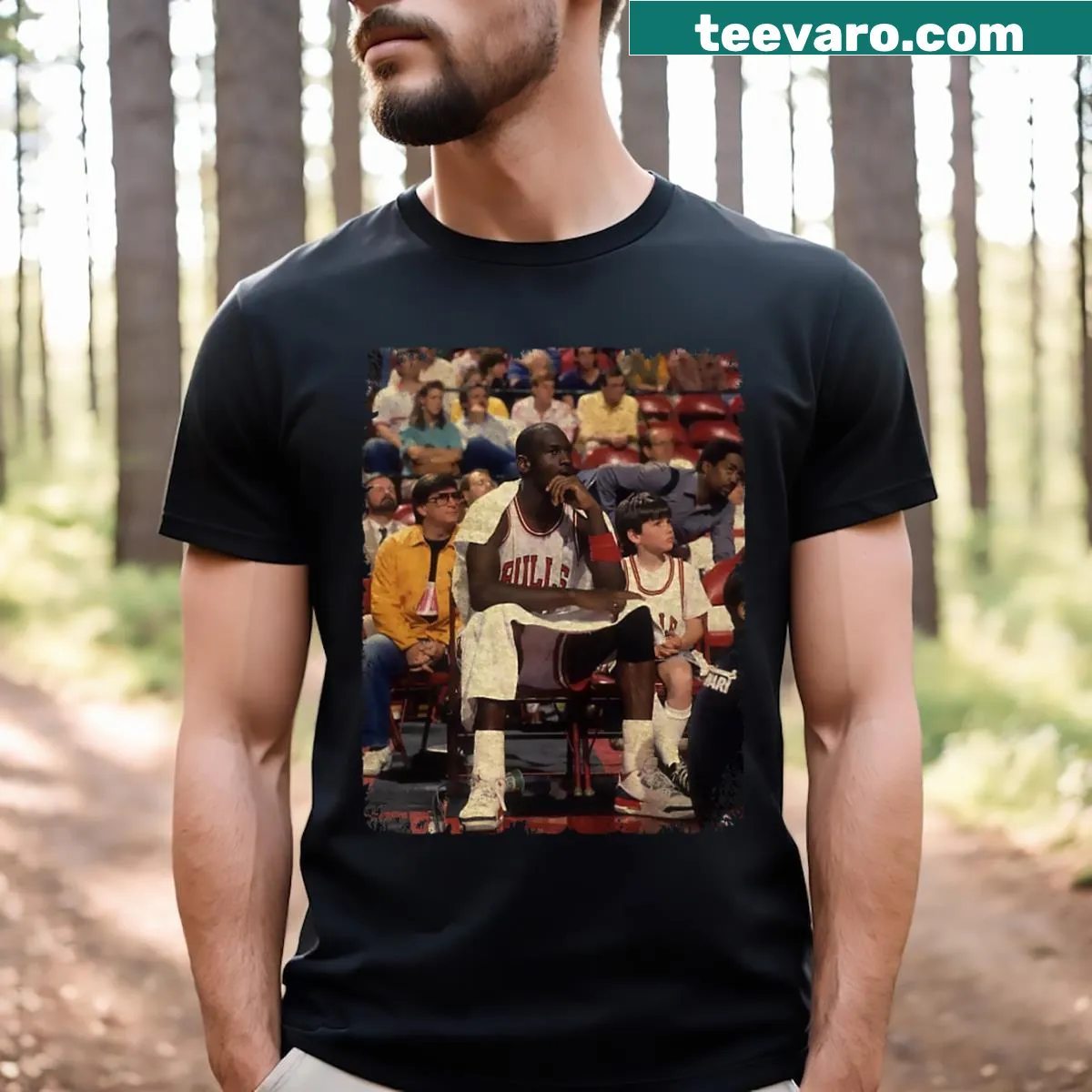 Michael Jordan t-shirt featuring heartwarming graphic with kids — on a men's t-shirt