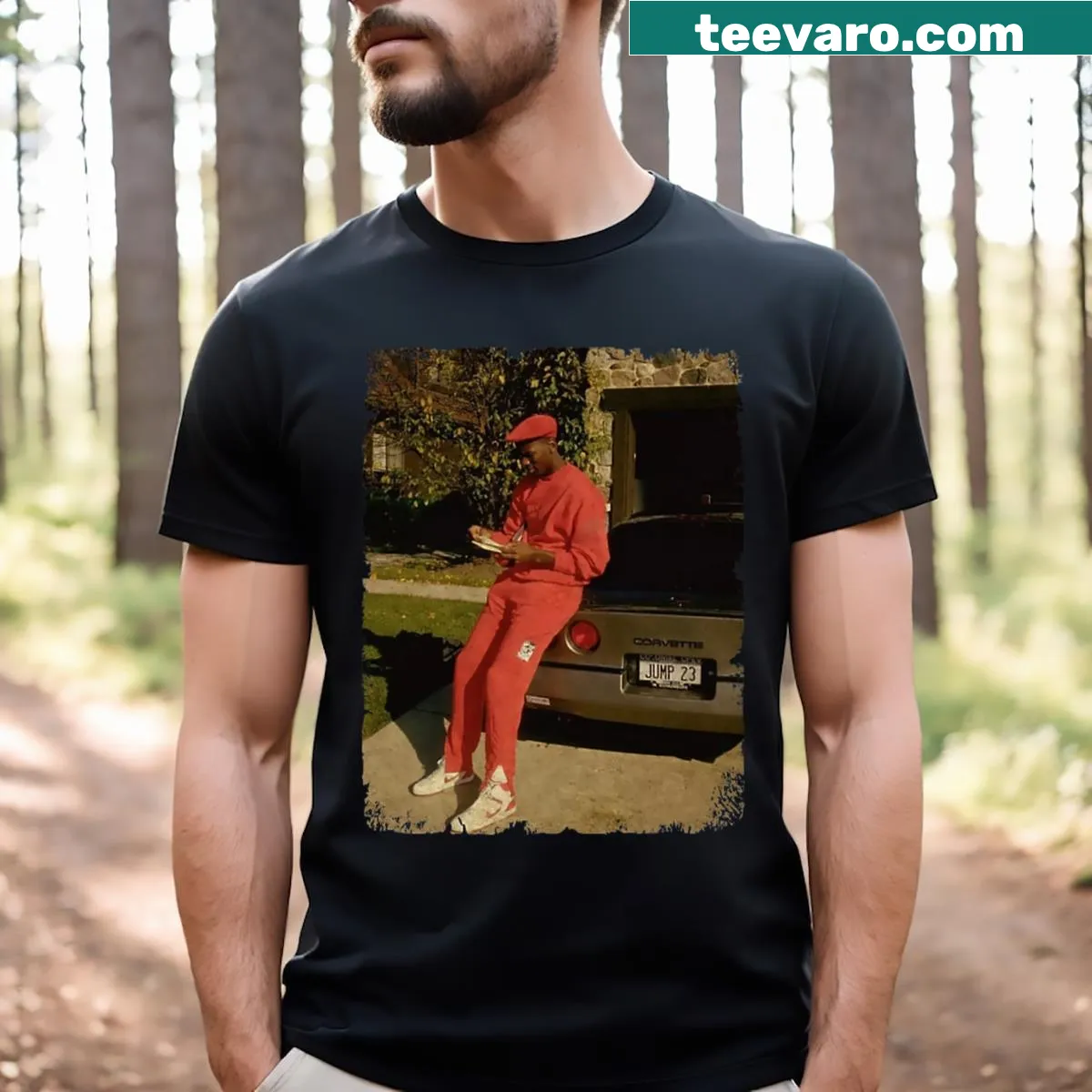 Michael Jordan t-shirt featuring him with an impressive car — on a men's t-shirt