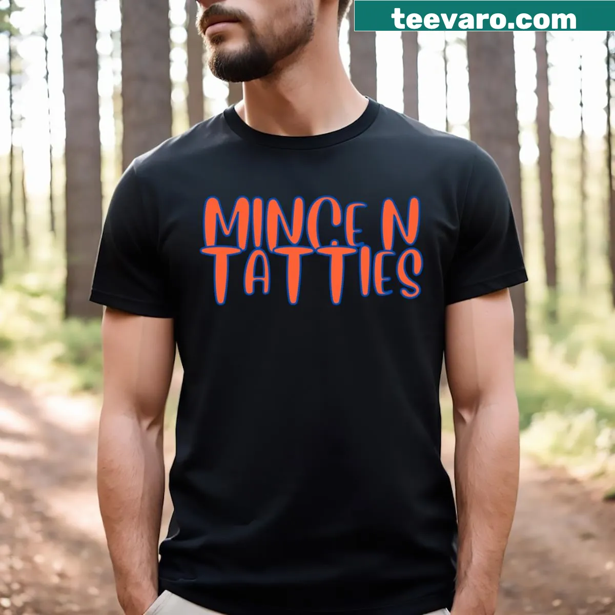 Funny Scottish T-shirt featuring Mince N Tatties — on a men's t-shirt