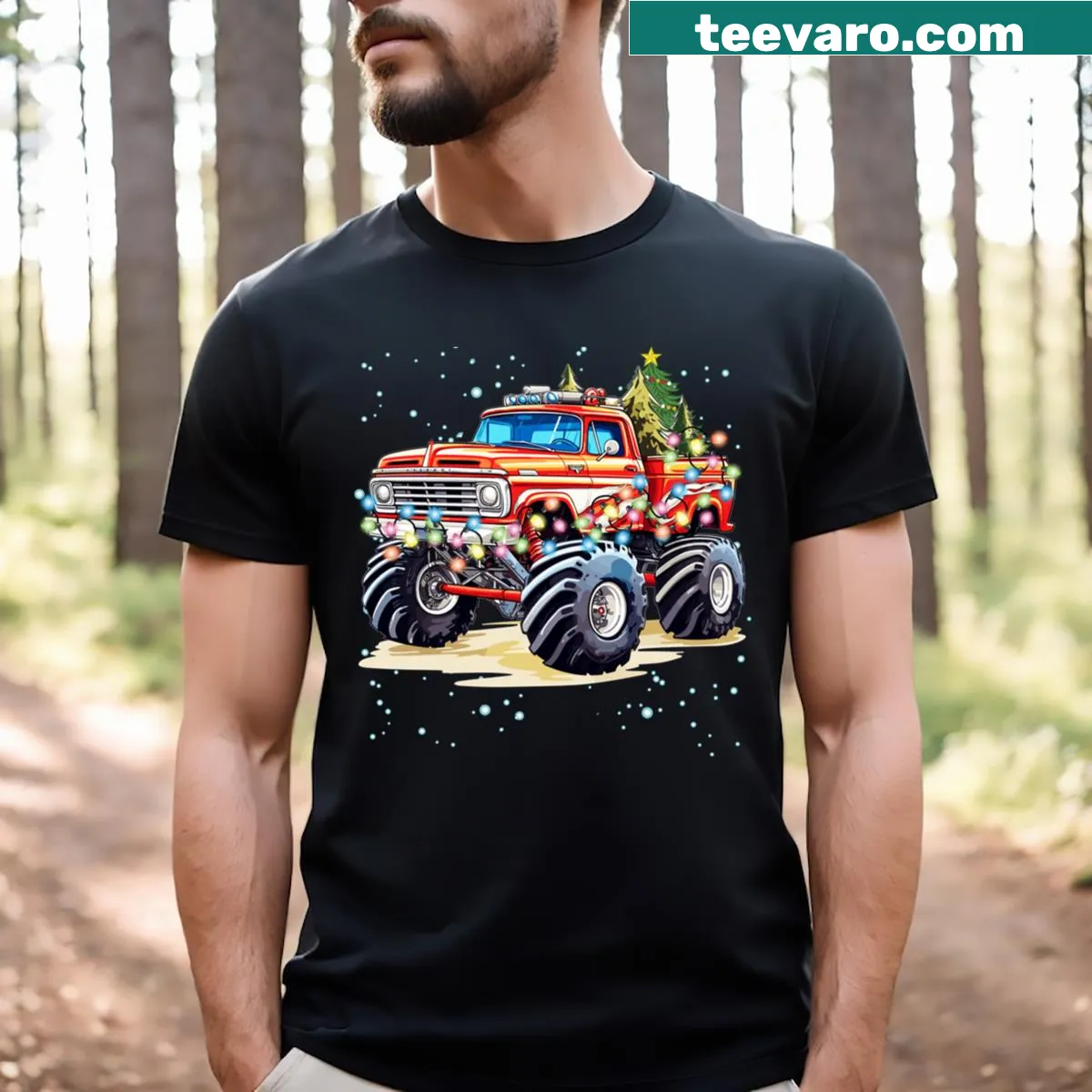 Monster truck T-shirt with a Christmas tree and lights illustration — on a men's t-shirt