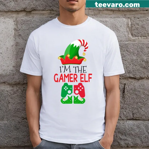 Funny gamer elf graphic tee with an elf and gaming controller