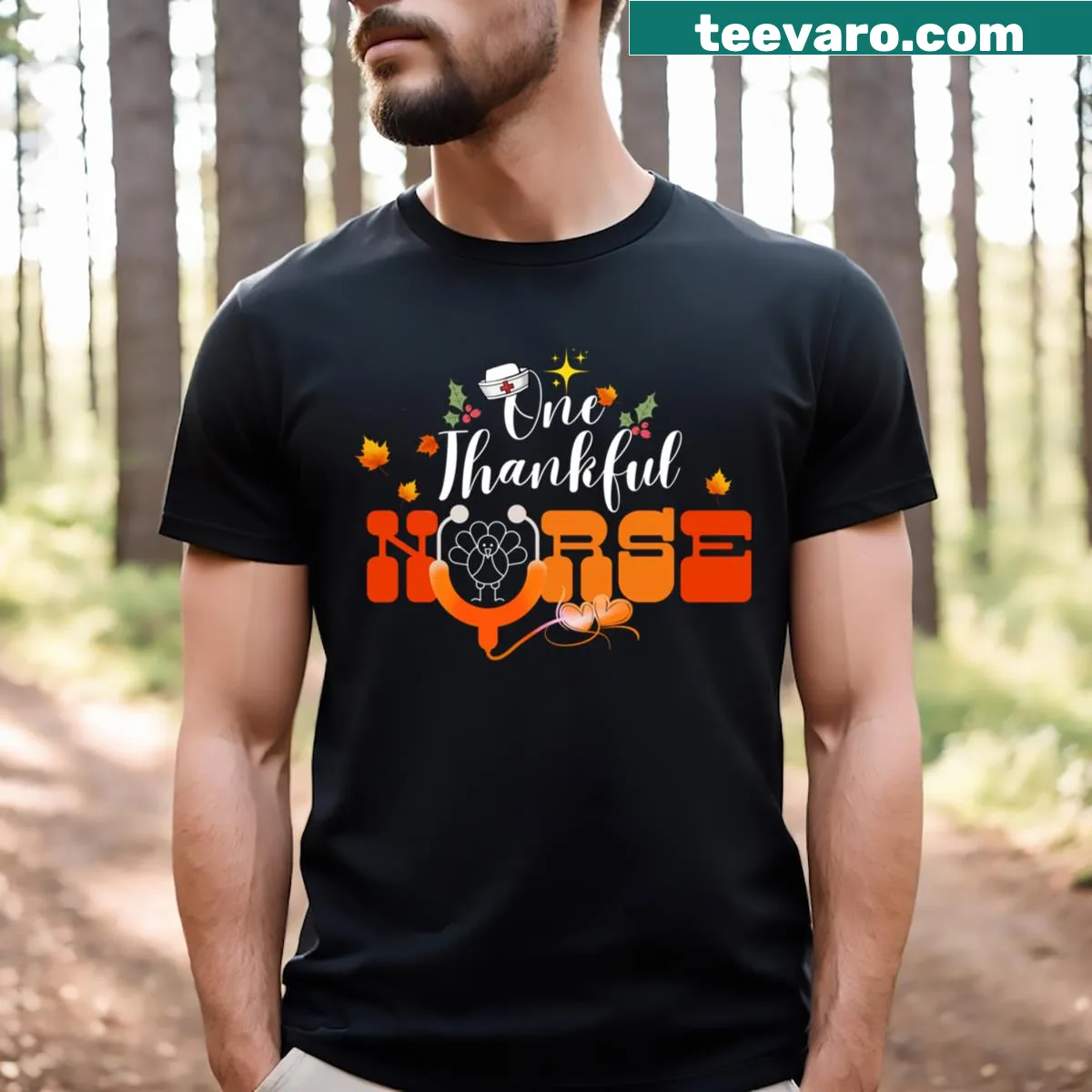 Thankful nurse Thanksgiving t-shirt with turkey design — on a men's t-shirt