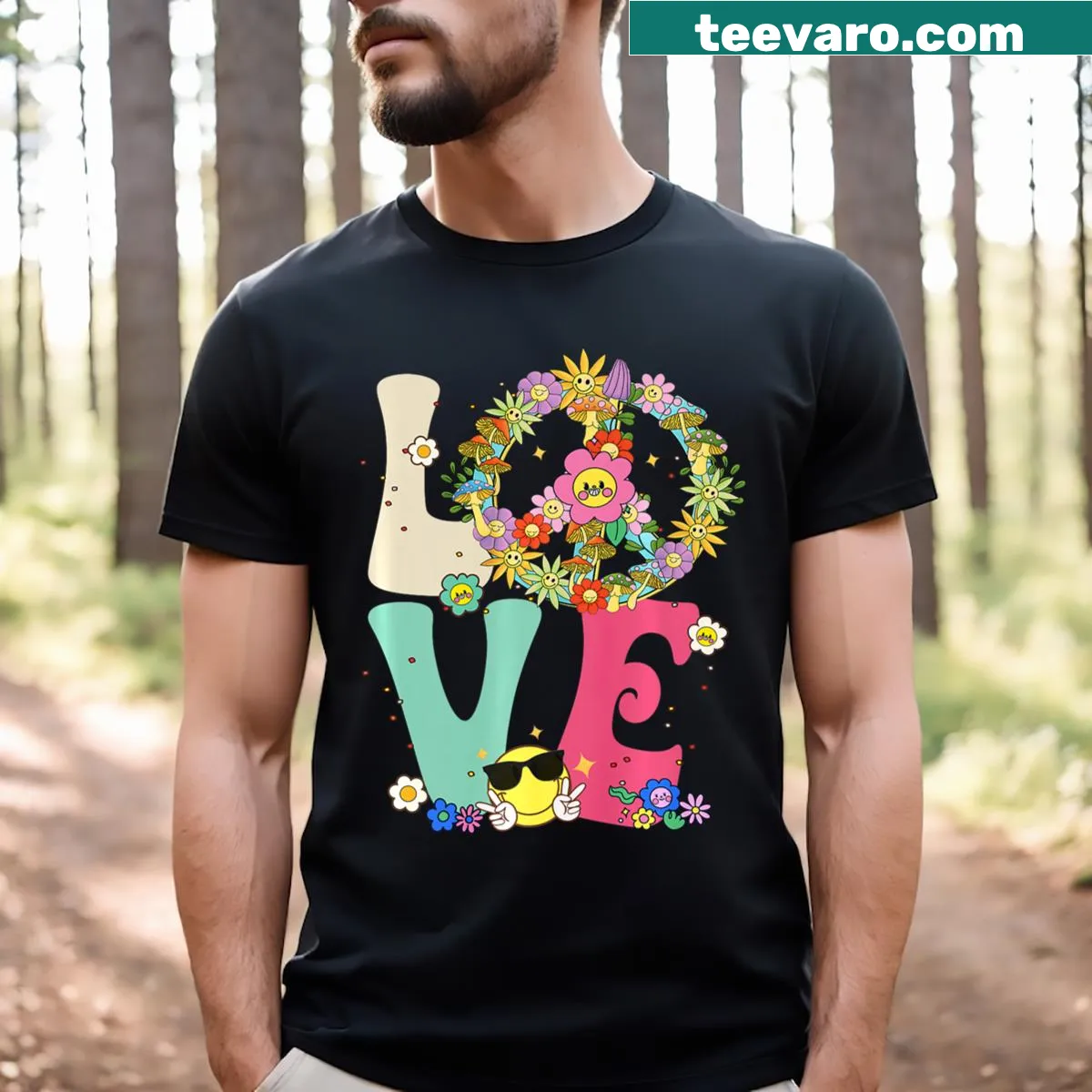 Retro tee featuring peace signs and love symbols from the 60s and 70s. — on a men's t-shirt