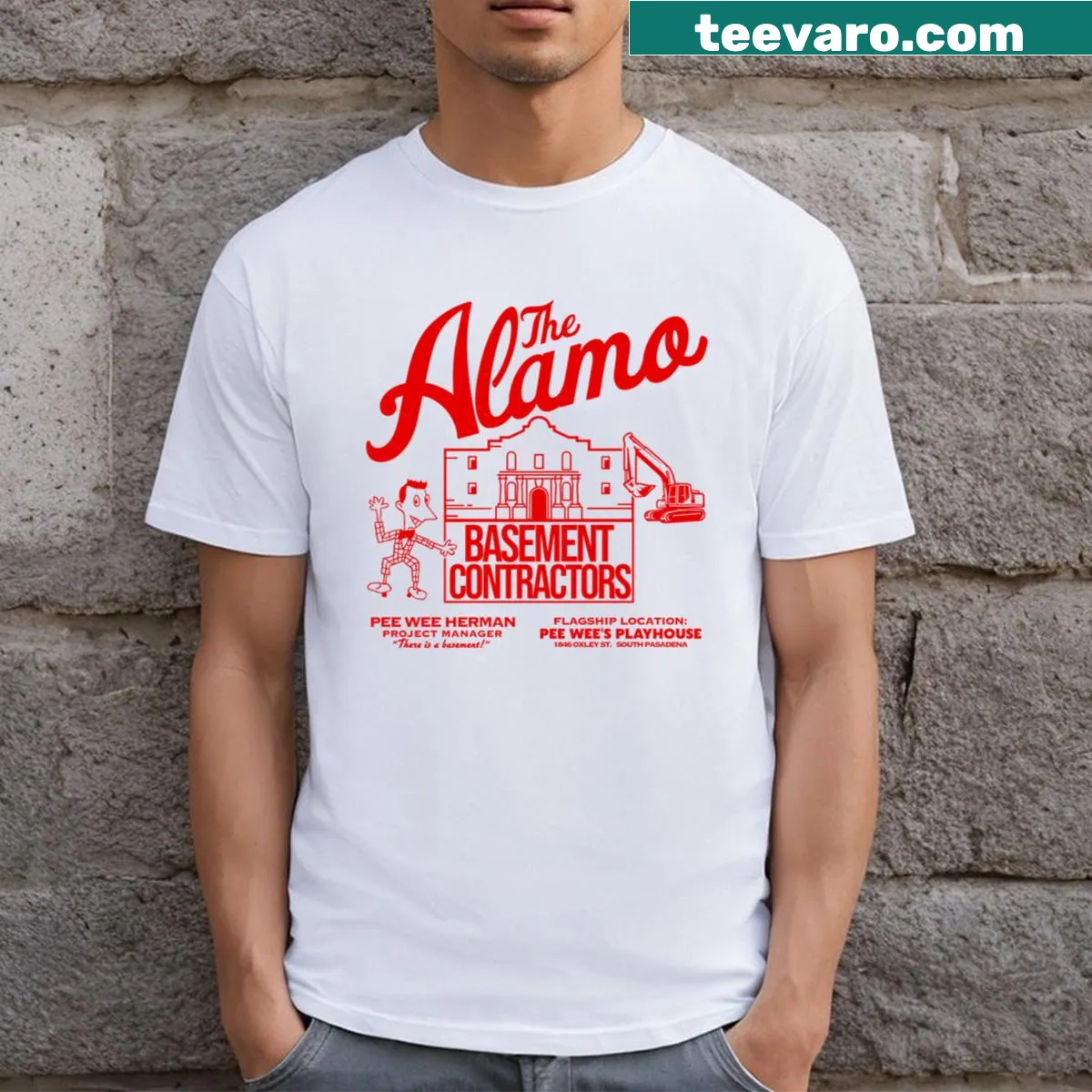 Graphic tee with humorous Pee Wee Herman text about Alamo contractors — on a men's t-shirt