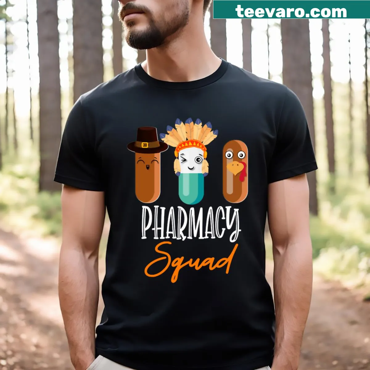 Funny Thanksgiving design featuring pharmacy-themed illustrations — on a men's t-shirt