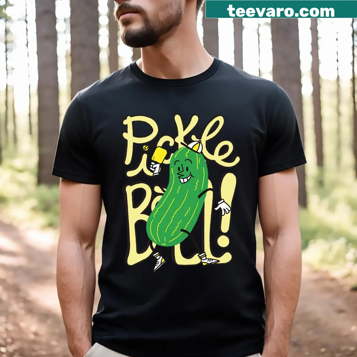Funny cartoon graphic depicting pickleball gameplay — on a men's t-shirt