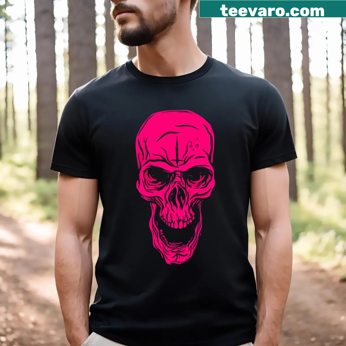 Skull graphic t-shirt with pink dye design — on a men's t-shirt