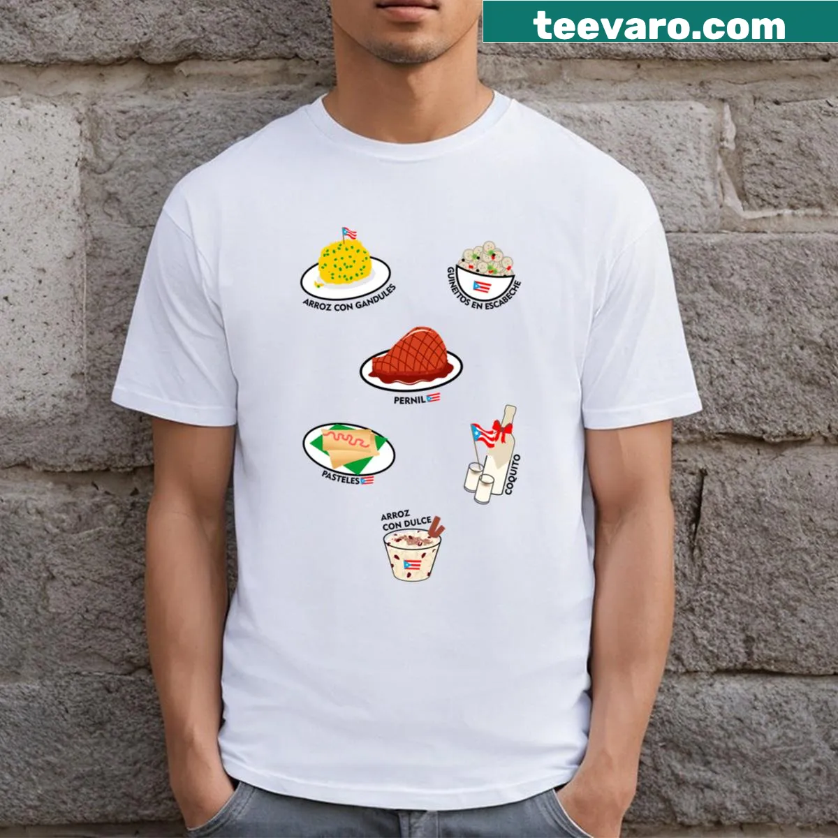 Illustration of Puerto Rican Christmas food on T-shirt. — on a men's t-shirt