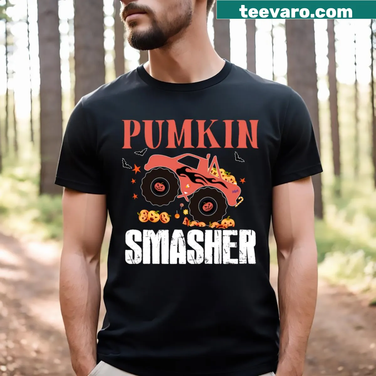 Cartoon truck smashing pumpkins T-shirt design. — on a men's t-shirt