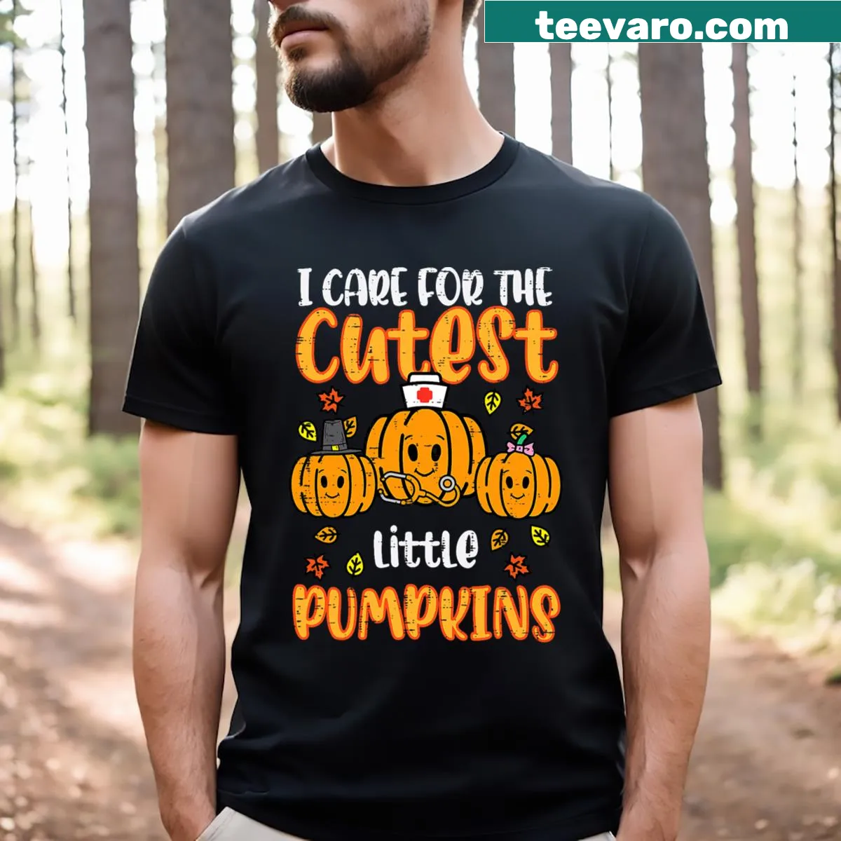 Pumpkin-themed nurse T-shirt for Halloween. — on a men's t-shirt
