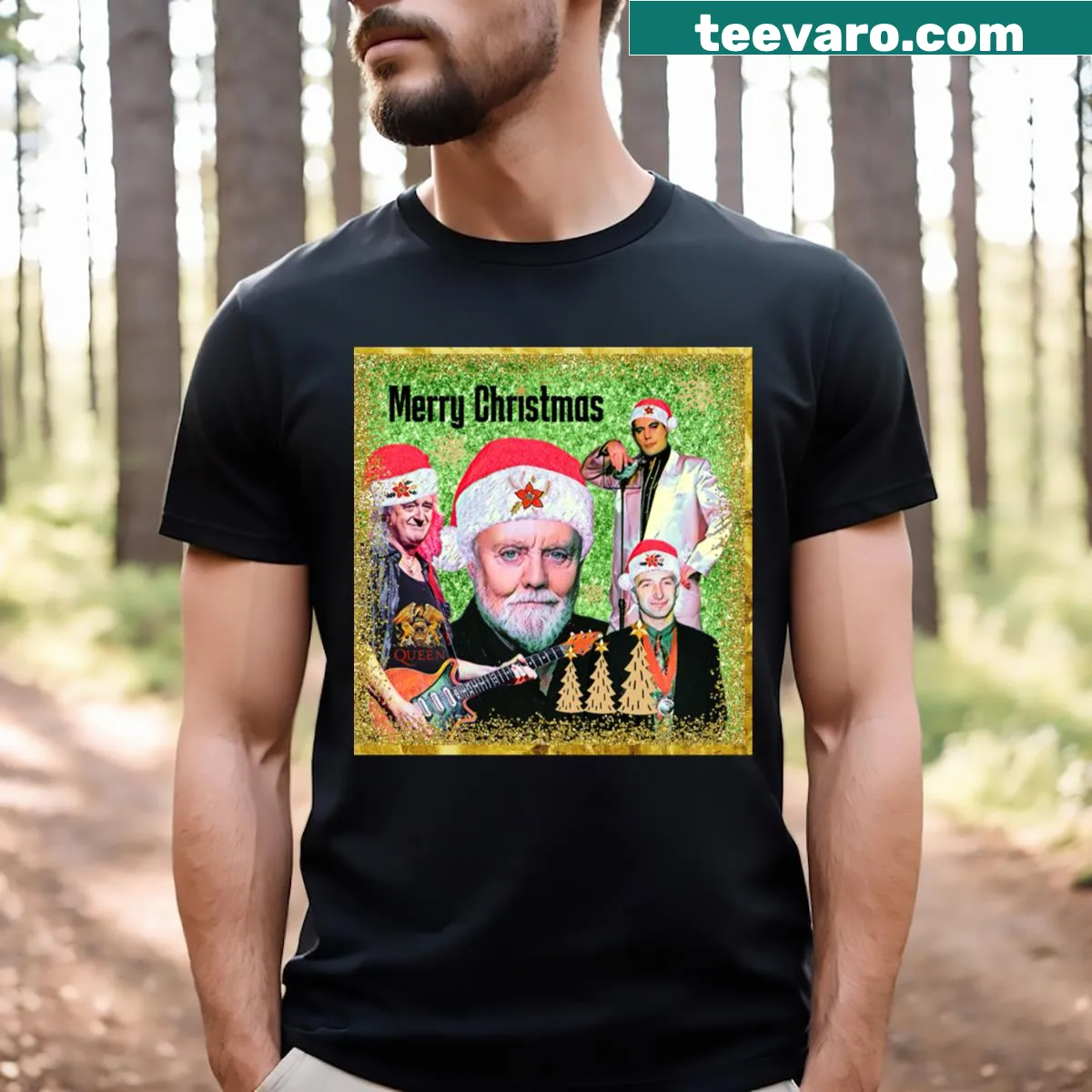 Queen-themed Christmas T-shirt — on a men's t-shirt