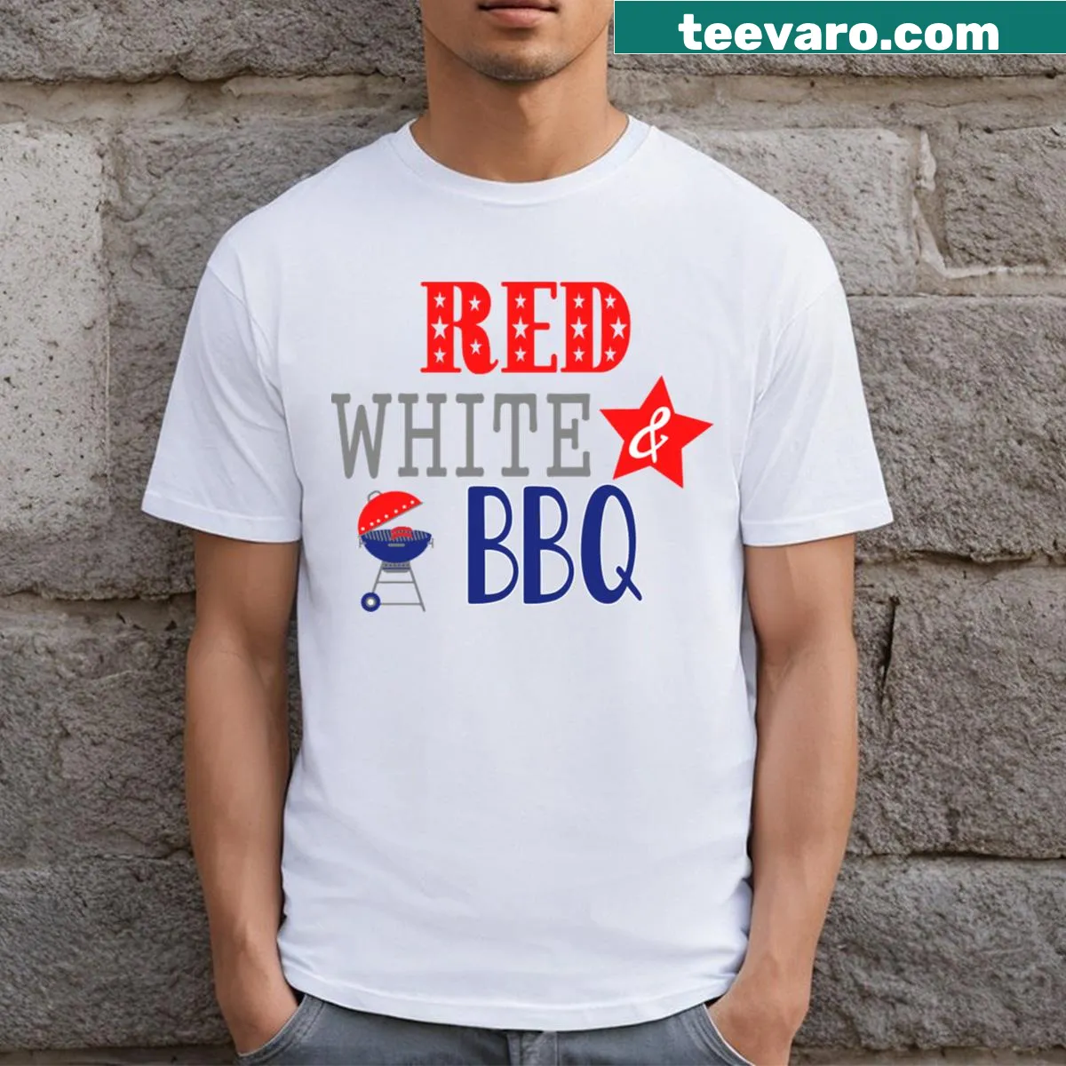 Playful BBQ-themed T-shirt with patriotic colors — on a men's t-shirt