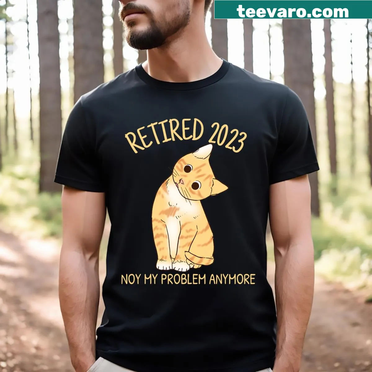 Humorous retirement-themed T-shirt with cartoon cat design — on a men's t-shirt