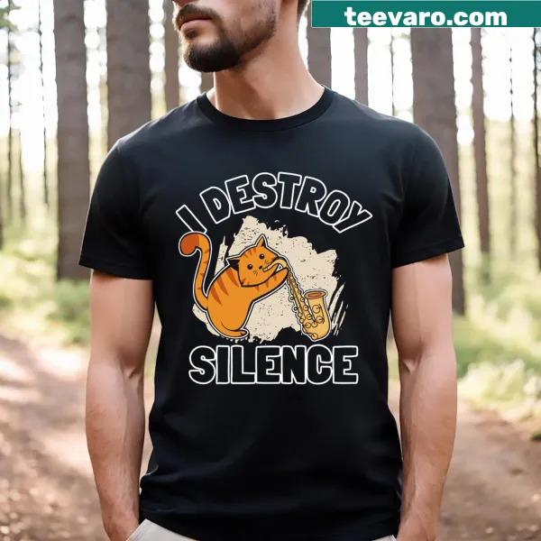 Illustration of a saxophonist with the phrase 'Sax I Destroy Silence' on a T-shirt