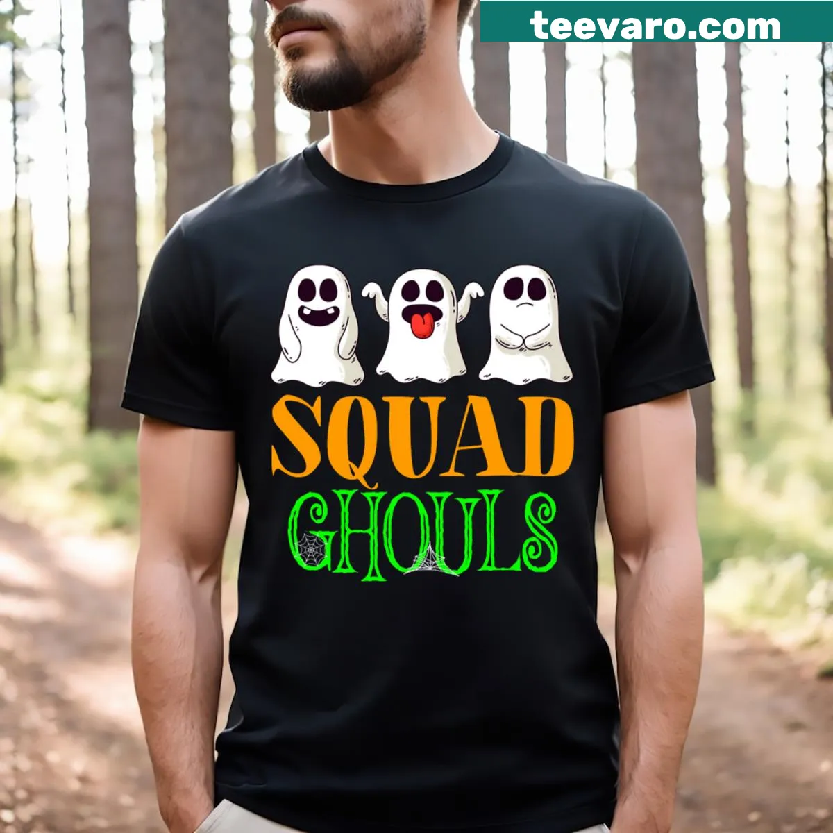 Funny Halloween t-shirt featuring cartoon ghouls and humorous text. — on a men's t-shirt
