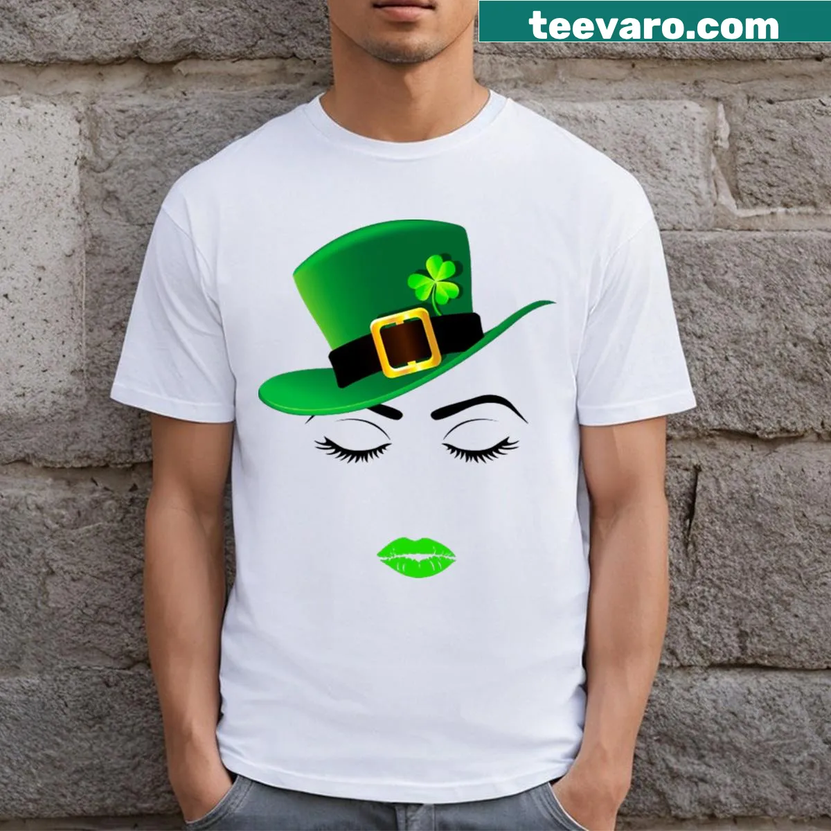 St. Patrick's Day t-shirt with playful lips graphic — on a men's t-shirt