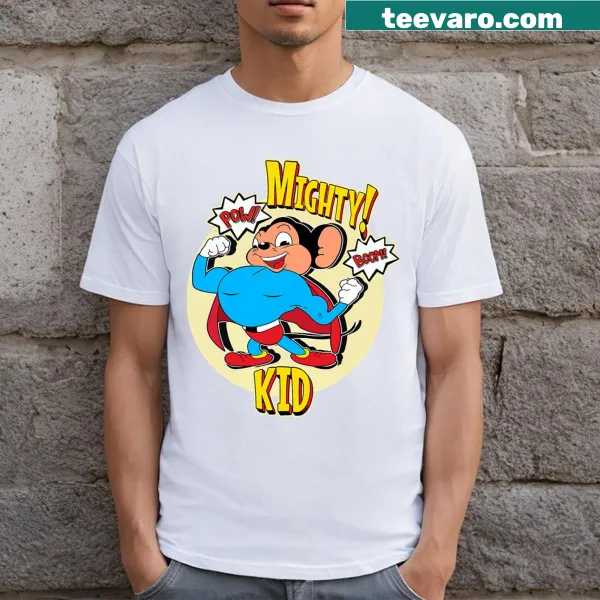 Cartoon superhero mouse with comic graphics 'Mighty Kid! Pow! Boom!'