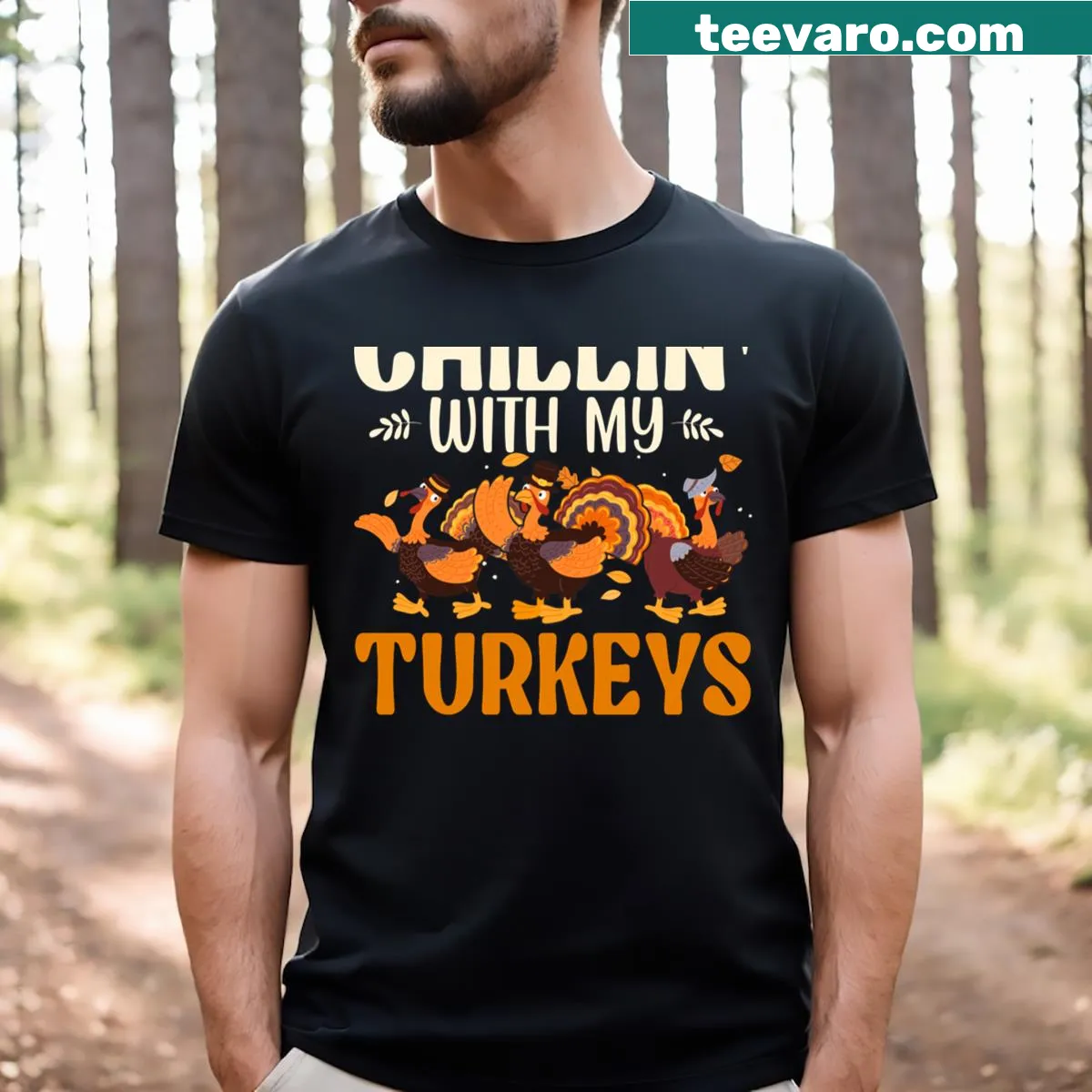 Funny Thanksgiving shirt with turkeys and playful text — on a men's t-shirt