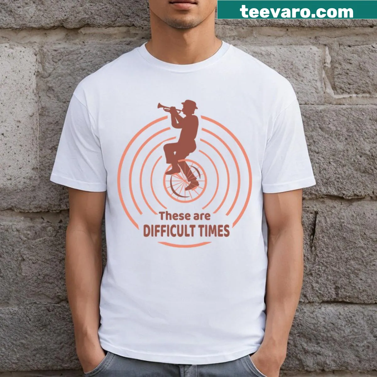 Funny music teacher t-shirt with a humorous design about difficult times. — on a men's t-shirt