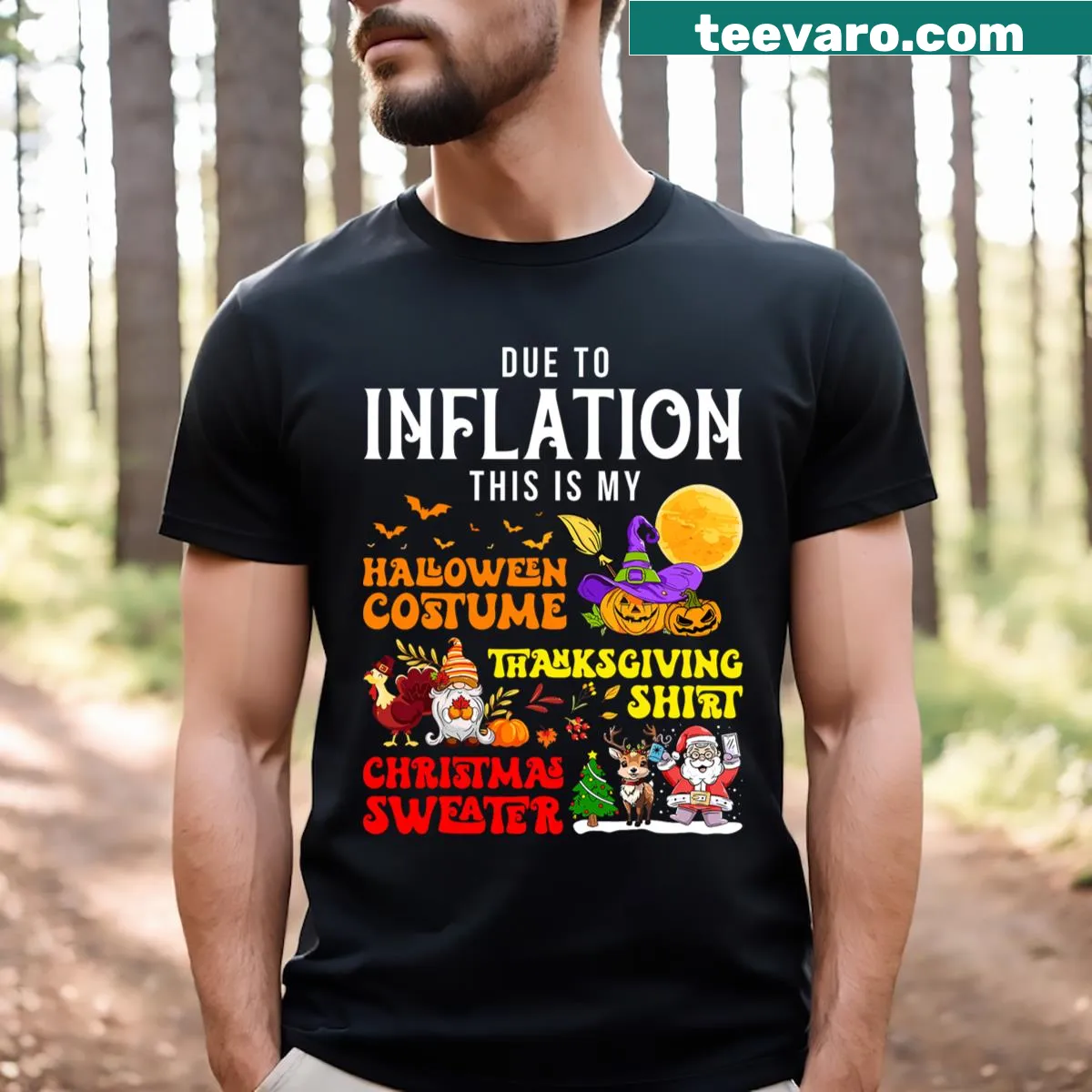 Festive t-shirt celebrating Halloween, Thanksgiving, and Christmas together. — on a men's t-shirt