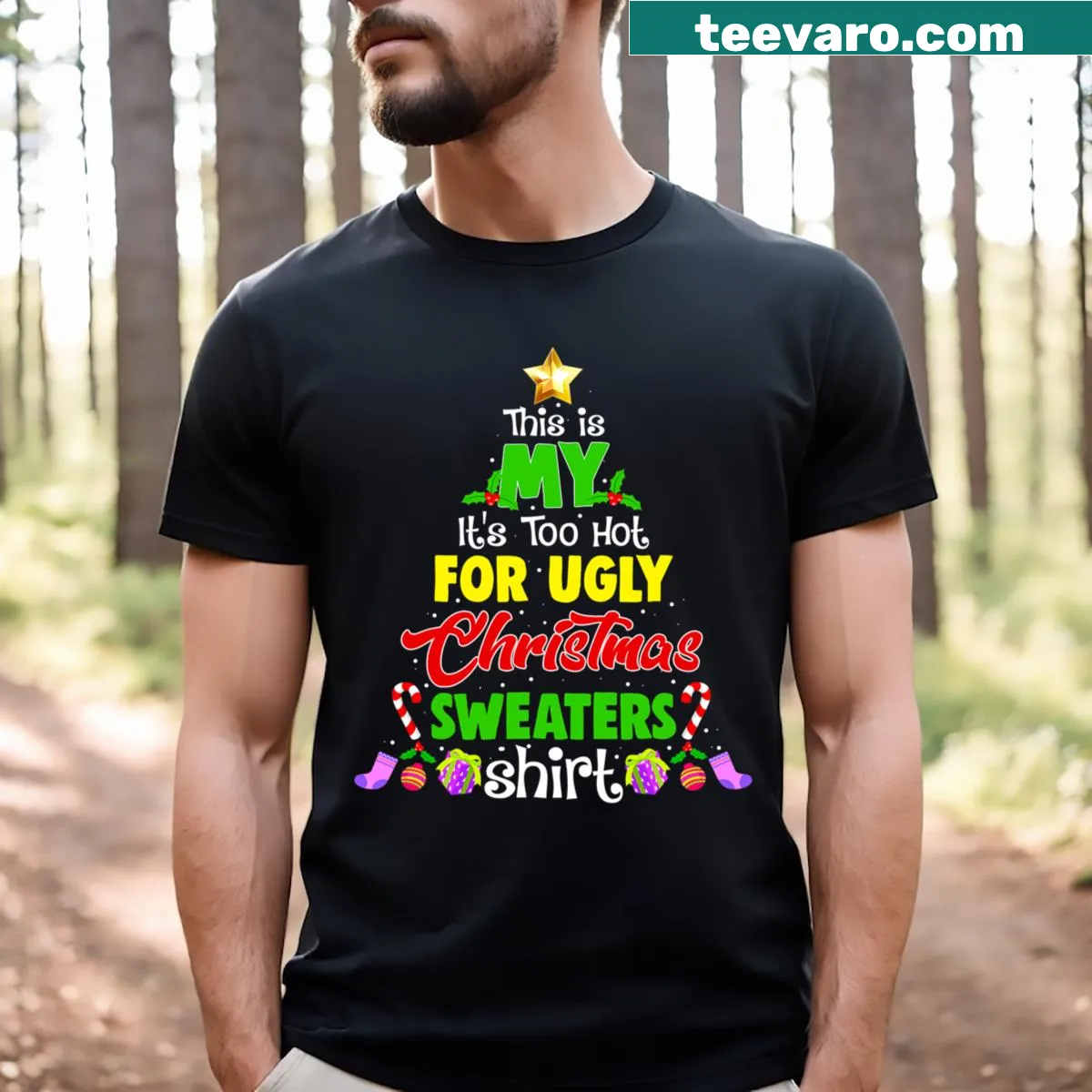 Playful Christmas t-shirt with a humorous saying about holiday attire. — on a men's t-shirt