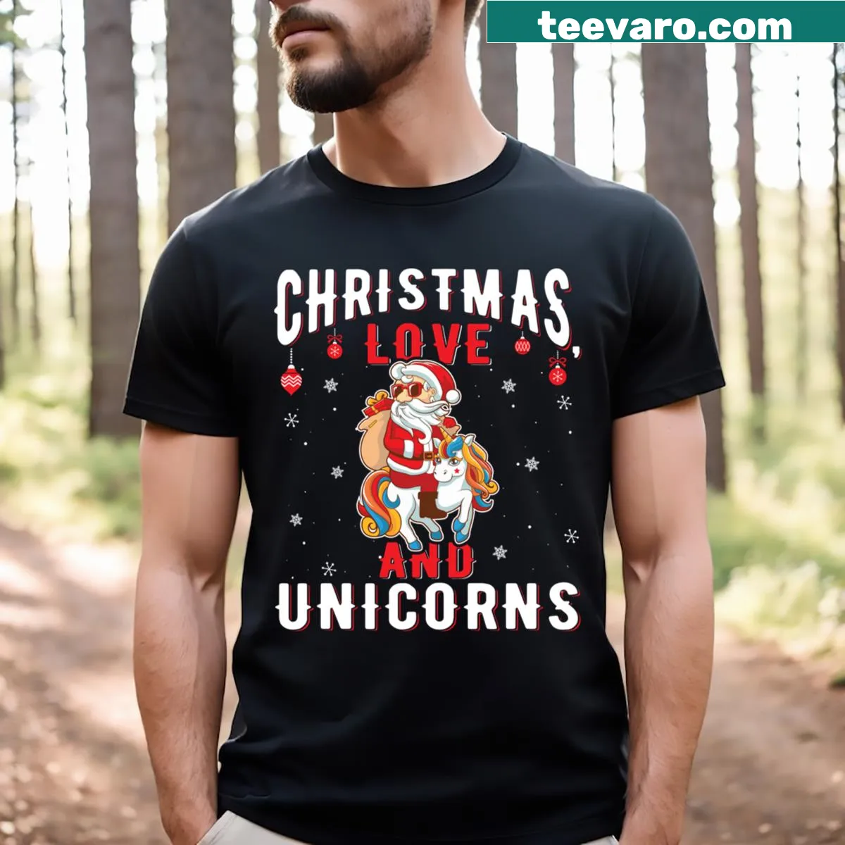 T-shirt featuring a girl riding a unicorn in a festive Christmas design. — on a men's t-shirt
